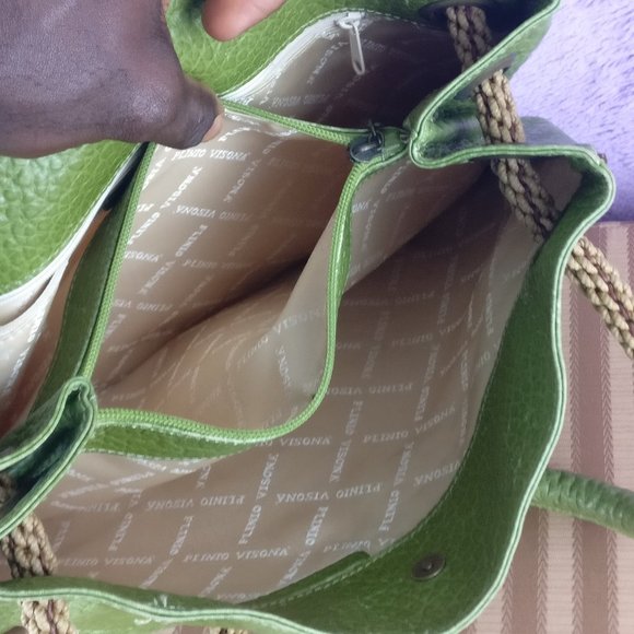 496cad PLINIO VISONA Italian Leather Tote with Fisherman handle in GREEN avocado - Picture 7 of 15